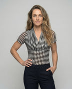 Women’s tailored short-sleeve blouse top with houndstooth, gathered V-neck and mesh sleeves All Fashion - upper body view