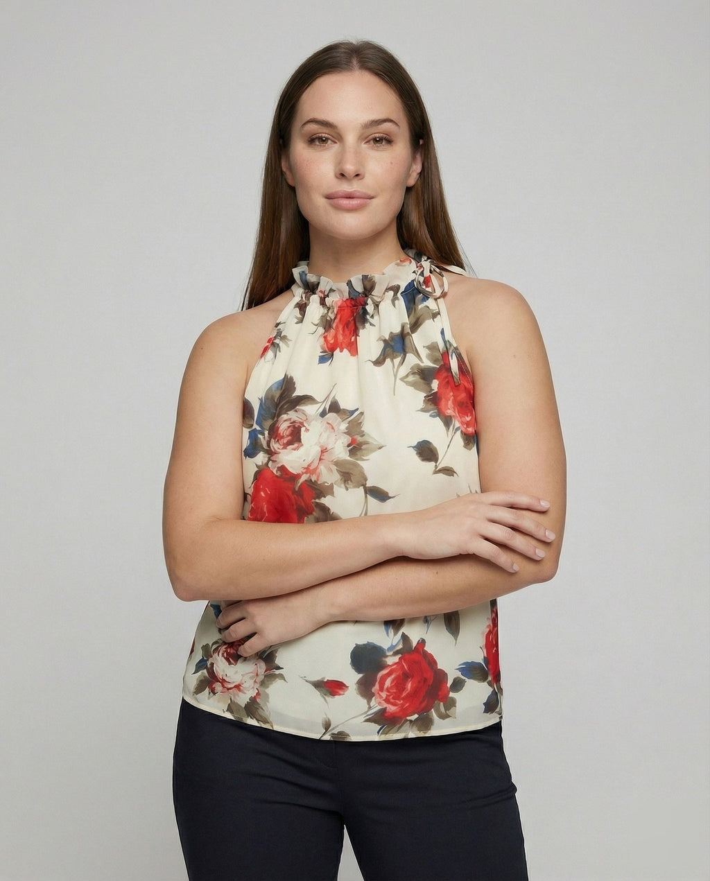 Women's Feminine Neck Scarf Chiffon Blouse Top - upper body view