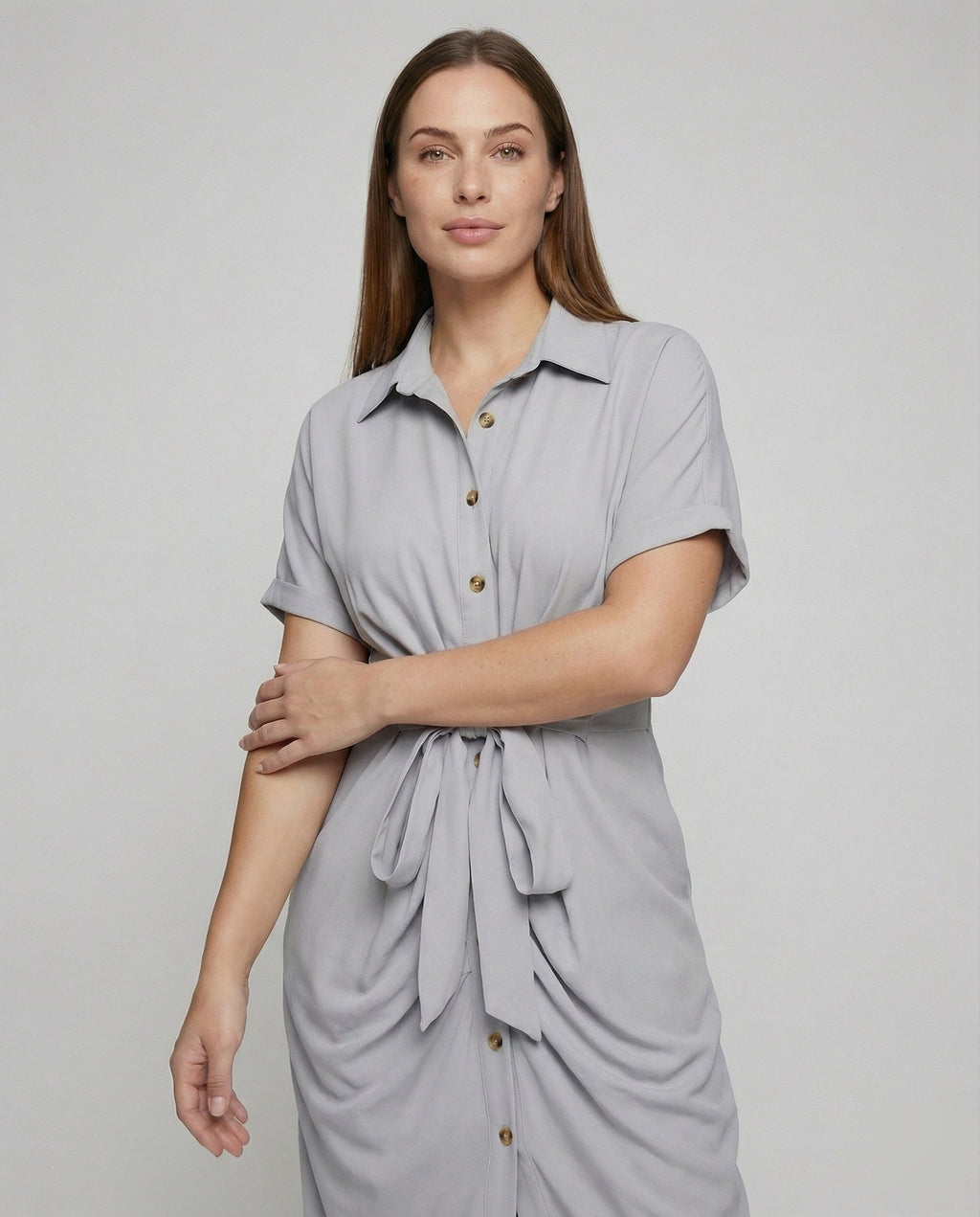 Women Fashion Knot Mixed Fabric Blouse Dress - upper body view