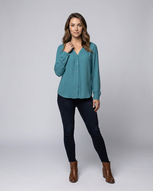 Ladies Airy V-Neck Crêpe Blouse Shirt - front view
