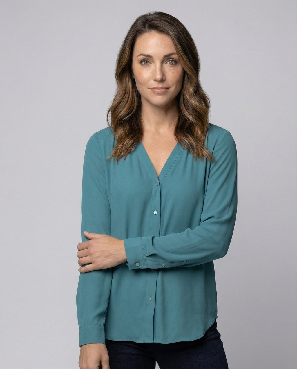 Ladies Airy V-Neck Crêpe Blouse Shirt - upper body view