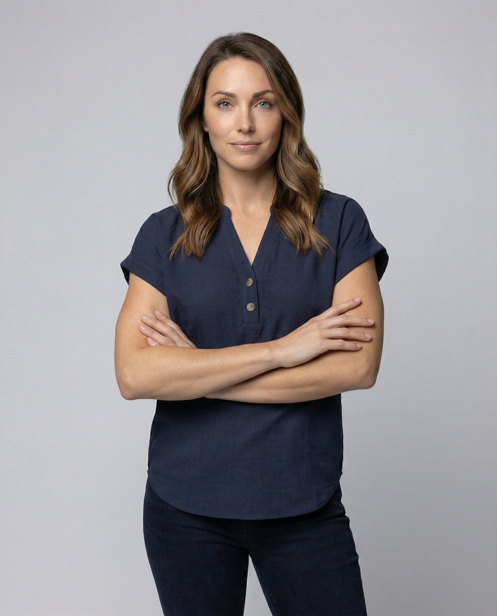 Women's Loose V-Neck Blended Fabric Blouse Shirt - upper body view