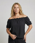 Women Pleated Neck Puff Sleeve Blouse Top - upper body view