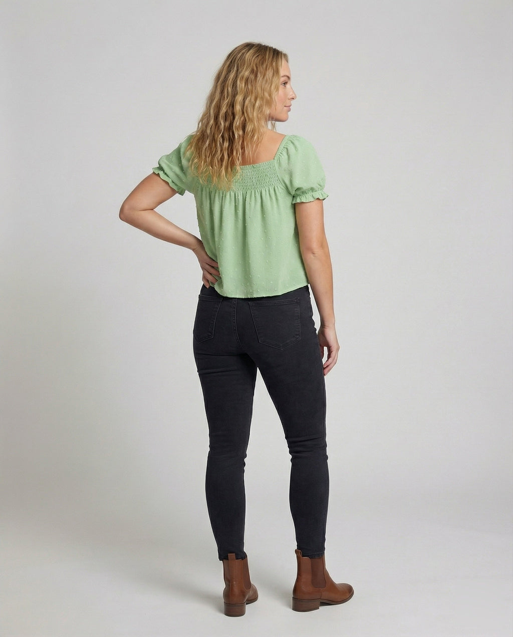 Women's Lightweight Square Neck Mixed Fabric Smock Blouse Top - back view