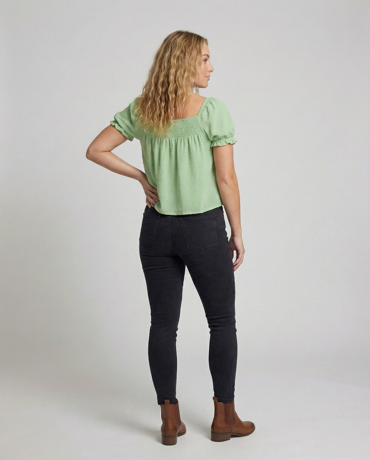 Women's Lightweight Square Neck Mixed Fabric Smock Blouse Top - back view
