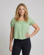 Women's Lightweight Square Neck Mixed Fabric Smock Blouse Top - upper body view