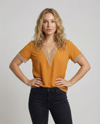 Women's Boxy Crochet Lace Blouse Top - upper body view