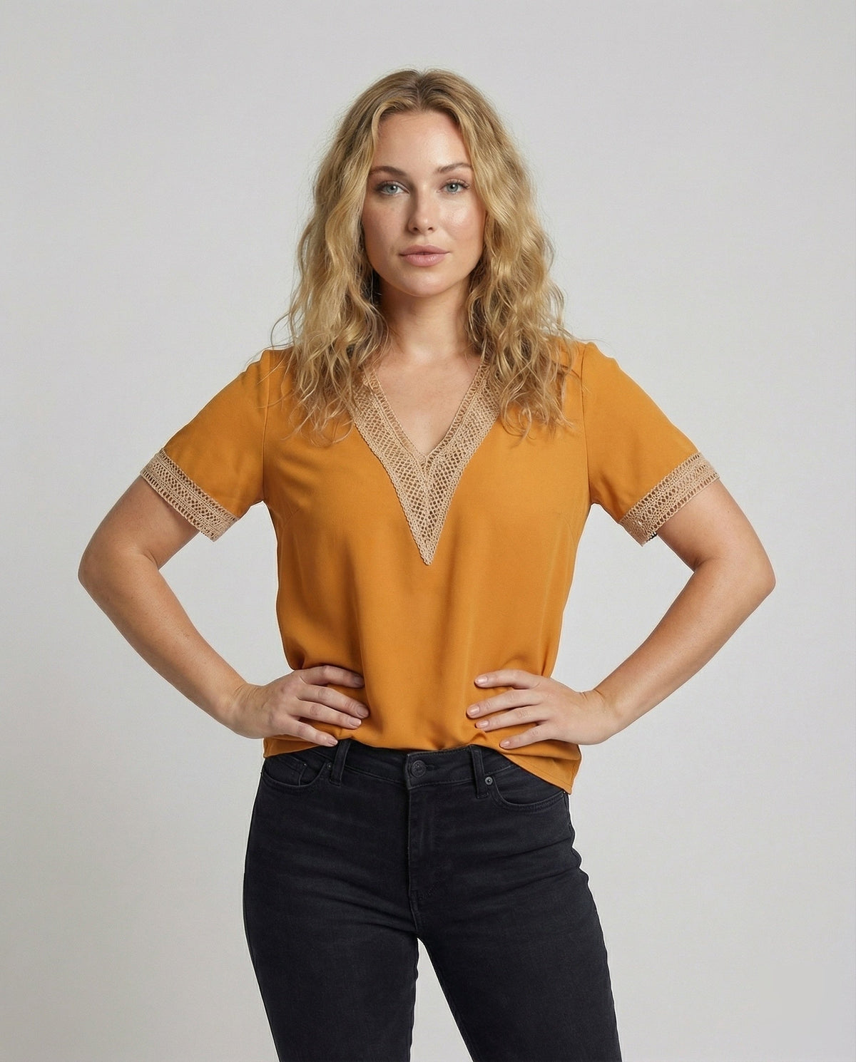 Women's Boxy Crochet Lace Blouse Top - upper body view