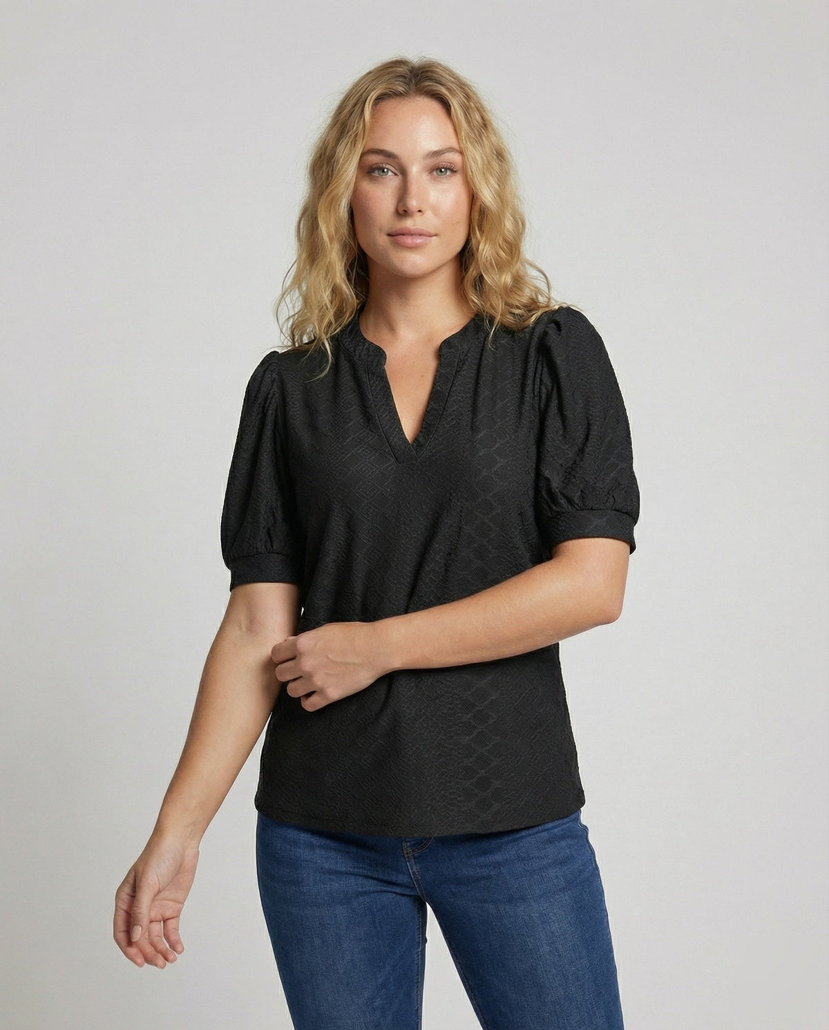 Women Elegant Jacquard Mixed Fabric Blouse Shirt - upper body view
