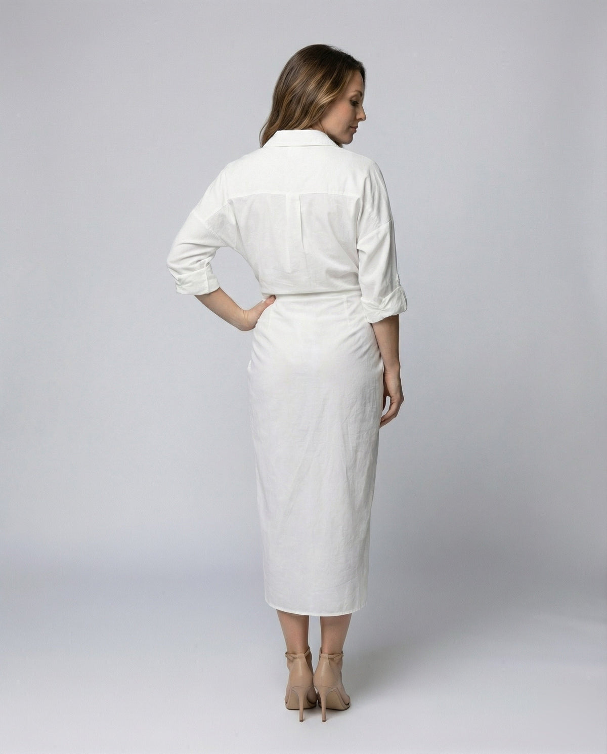 Women Stylish Knot Waist Blended Fabric Midi Dress - back view