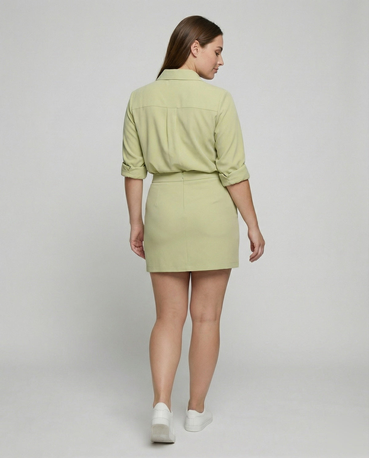 Fashionable mini skirt blended fabric blouse-skirt set - back view