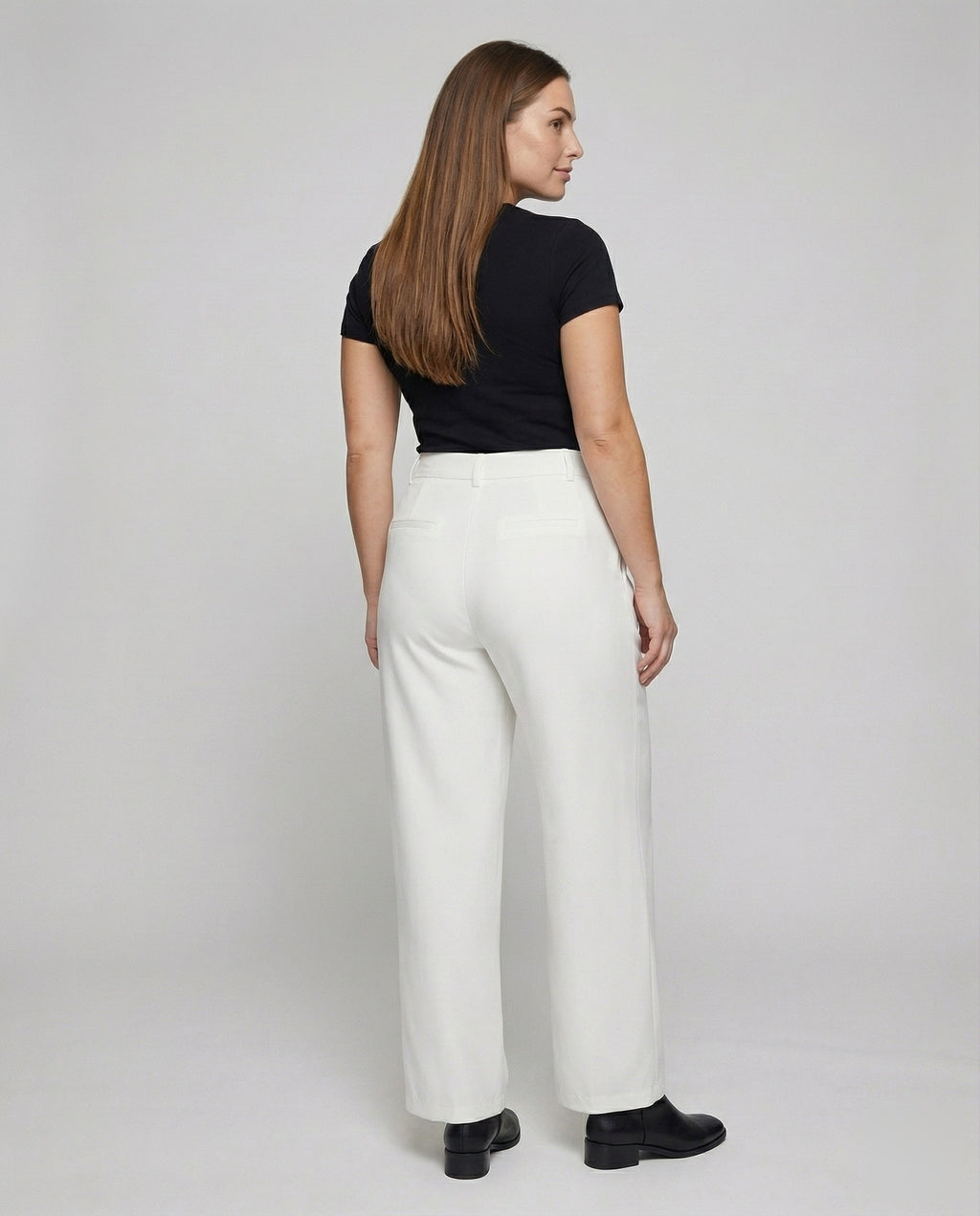 Women Elegant High Waist Blended Fabric Pleated Palazzo Pants - back view