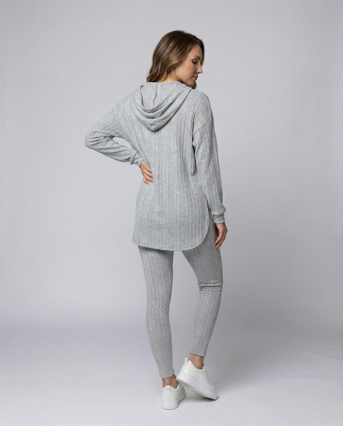 Women's Comfortable Hooded Long Shirt Fine Knit Fine Knit Lounge Set - back view
