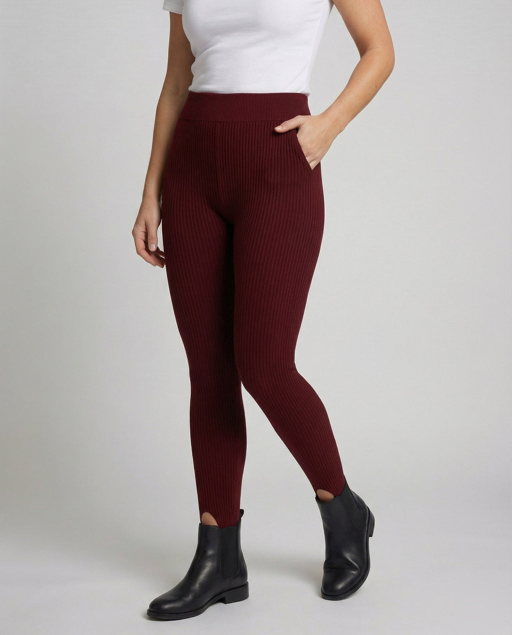 Women's sporty foot strap mixed fabric leggings - lower body view