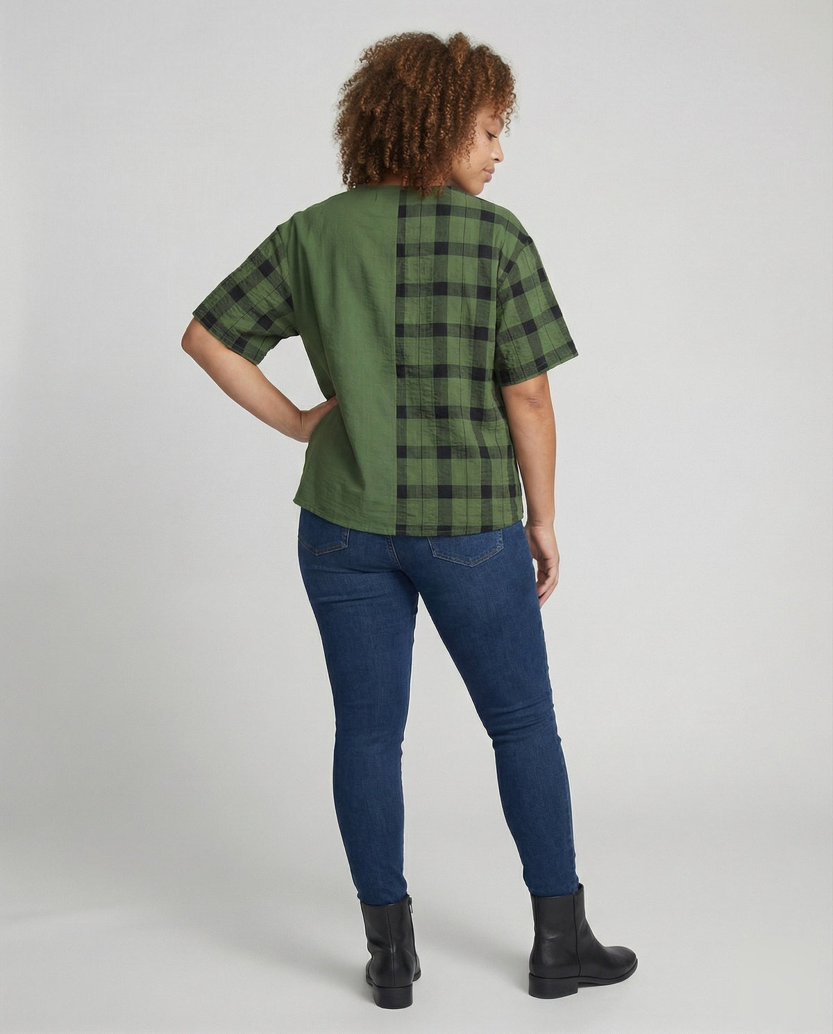 Women Geometric Check Mix Cotton Blend Blouse Shirt - back view