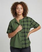 Women Geometric Check Mix Cotton Blend Blouse Shirt - upper body view