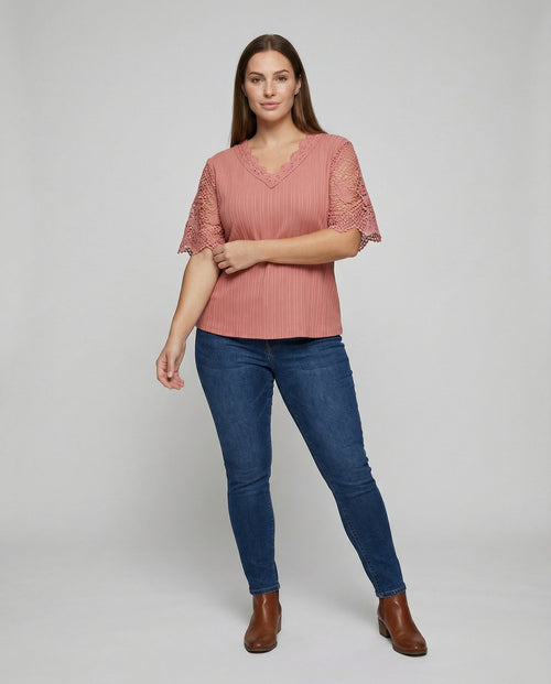 Ladies Feminine Lace V-Neck Rib Jersey Blouse Shirt - front view