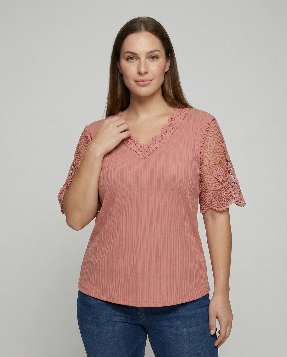 Ladies Feminine Lace V-Neck Rib Jersey Blouse Shirt - upper body view