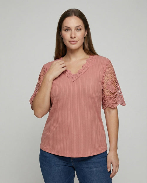 Ladies Feminine Lace V-Neck Rib Jersey Blouse Shirt - upper body view