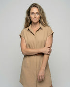 Women's Classic Narrow Leather Belt Blended Fabric Blouse-Tunic - upper body view