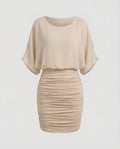 Women Modern Ruched Stretch Pencil Skirt Chiffon Blend Blouse Dress - product shot