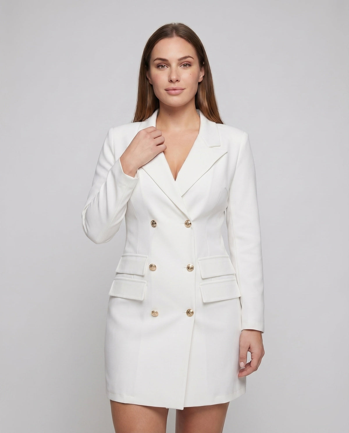 Women Classic Wide Shaping Waist Belt Blended Fabric Blouse Dress - upper body view