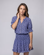 Women's Blouse Short Dress Smocked Waist Ruffled Skirt V-Neck - upper body view