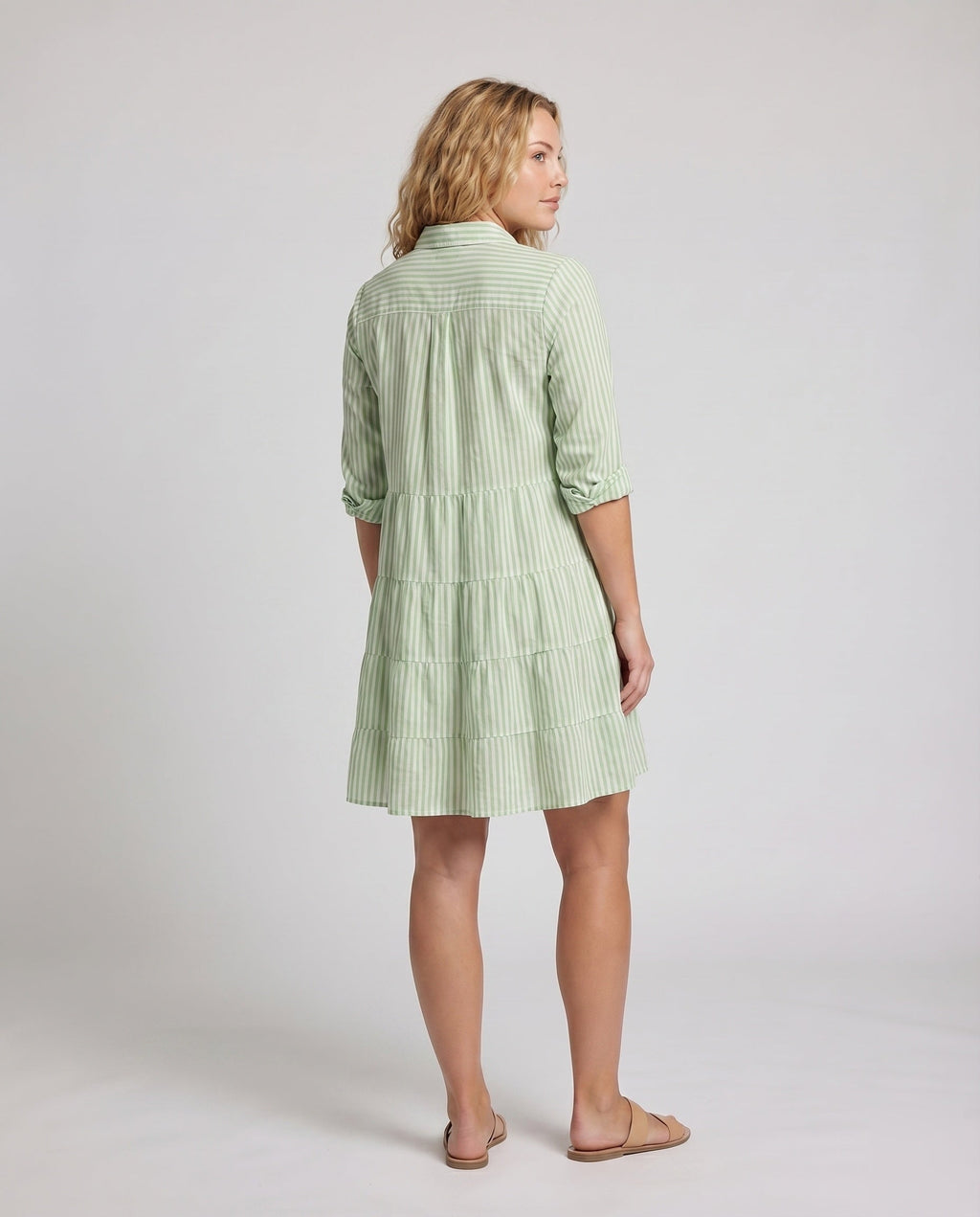 Women's Blouse-Tunic-Pleated Dress Striped Button Placket Waist Seam - back view