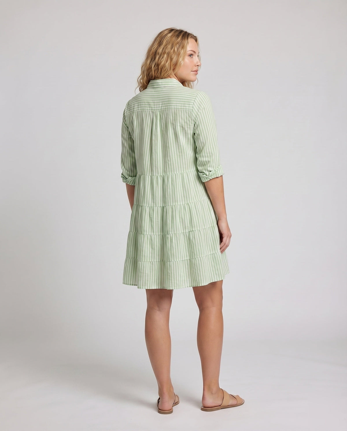 Women's Blouse-Tunic-Pleated Dress Striped Button Placket Waist Seam - back view