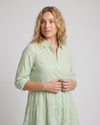 Women's Blouse-Tunic-Pleated Dress Striped Button Placket Waist Seam - upper body view
