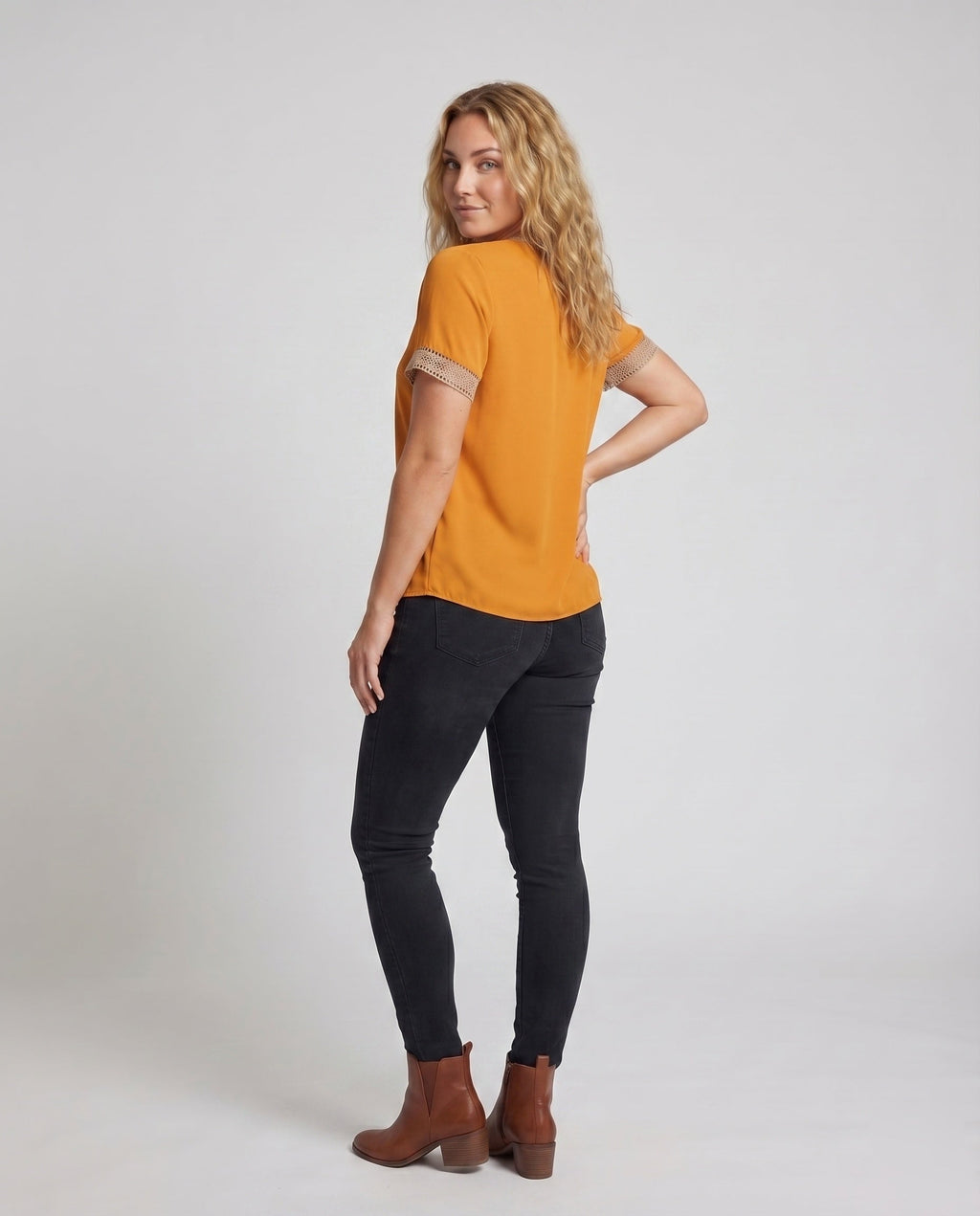 Women's V-Neck Blouse Shirt Ajour Lace Trim Casual - back view