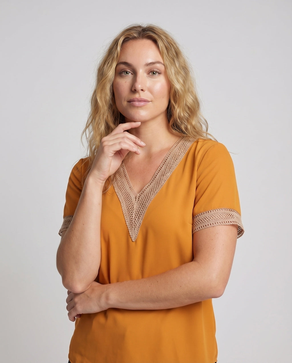 Women's V-Neck Blouse Shirt Ajour Lace Trim Casual - upper body view