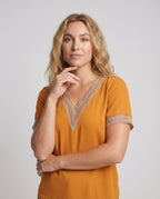Women's V-Neck Blouse Shirt Ajour Lace Trim Casual - upper body view