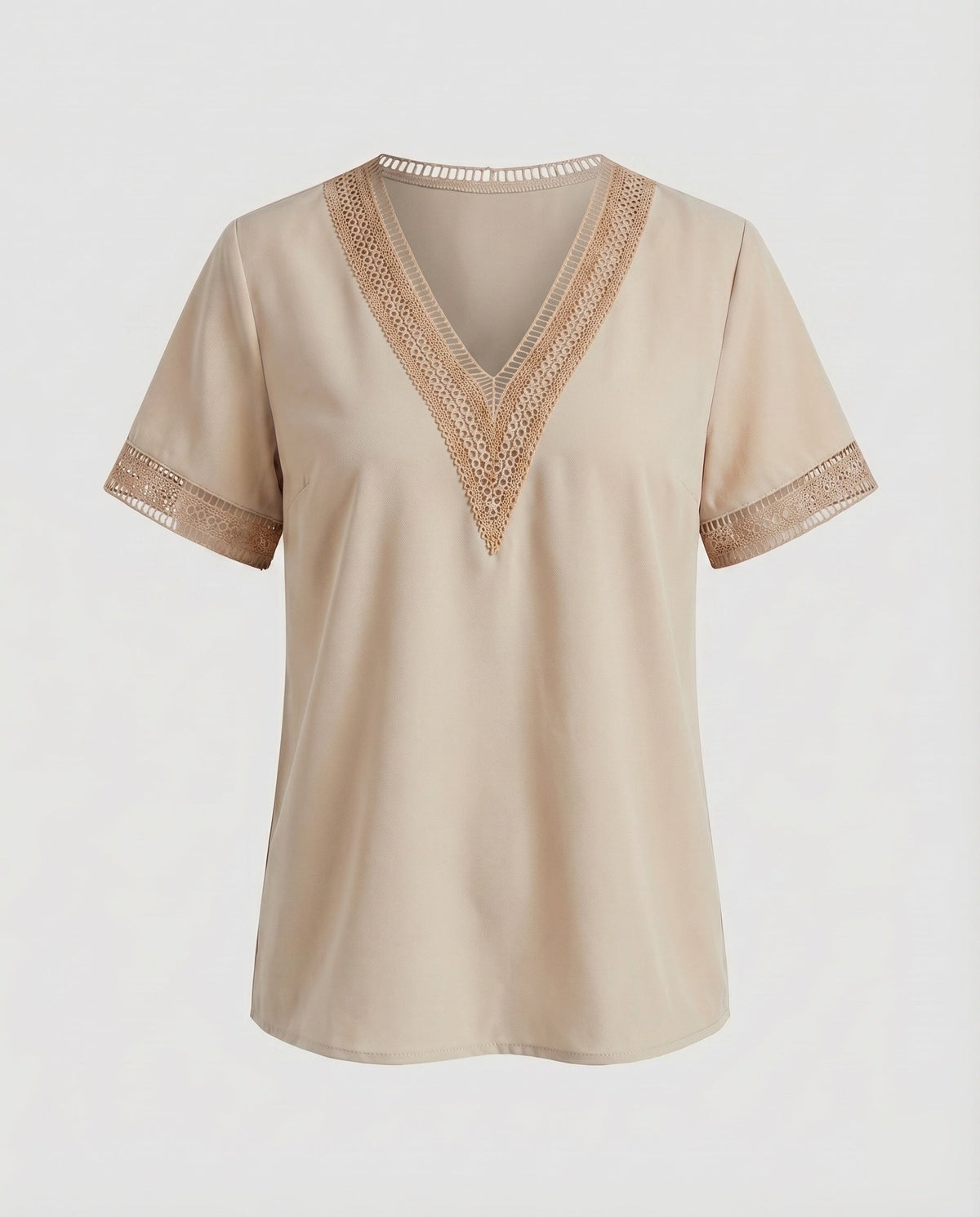 Women's V-Neck Blouse Shirt Ajour Lace Trim Casual - product shot