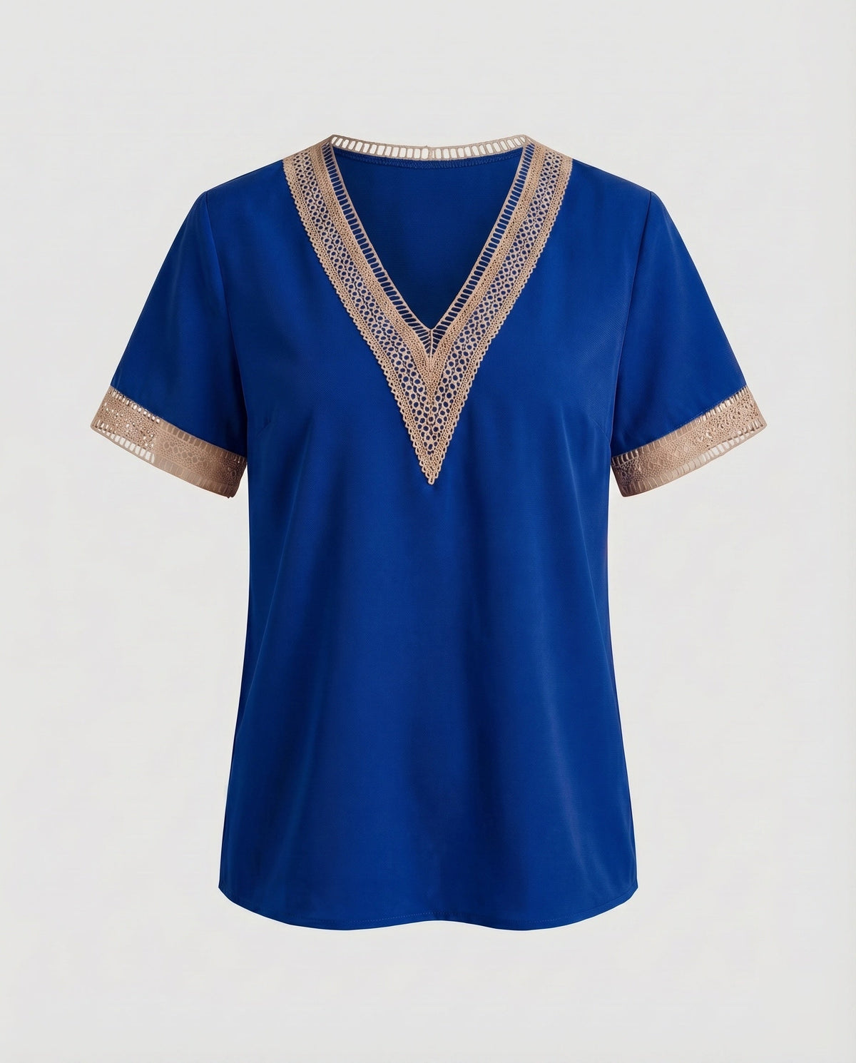 Women's V-Neck Blouse Shirt Ajour Lace Trim Casual - product shot