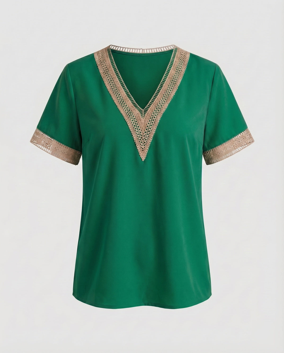 Women's V-Neck Blouse Shirt Ajour Lace Trim Casual - product shot