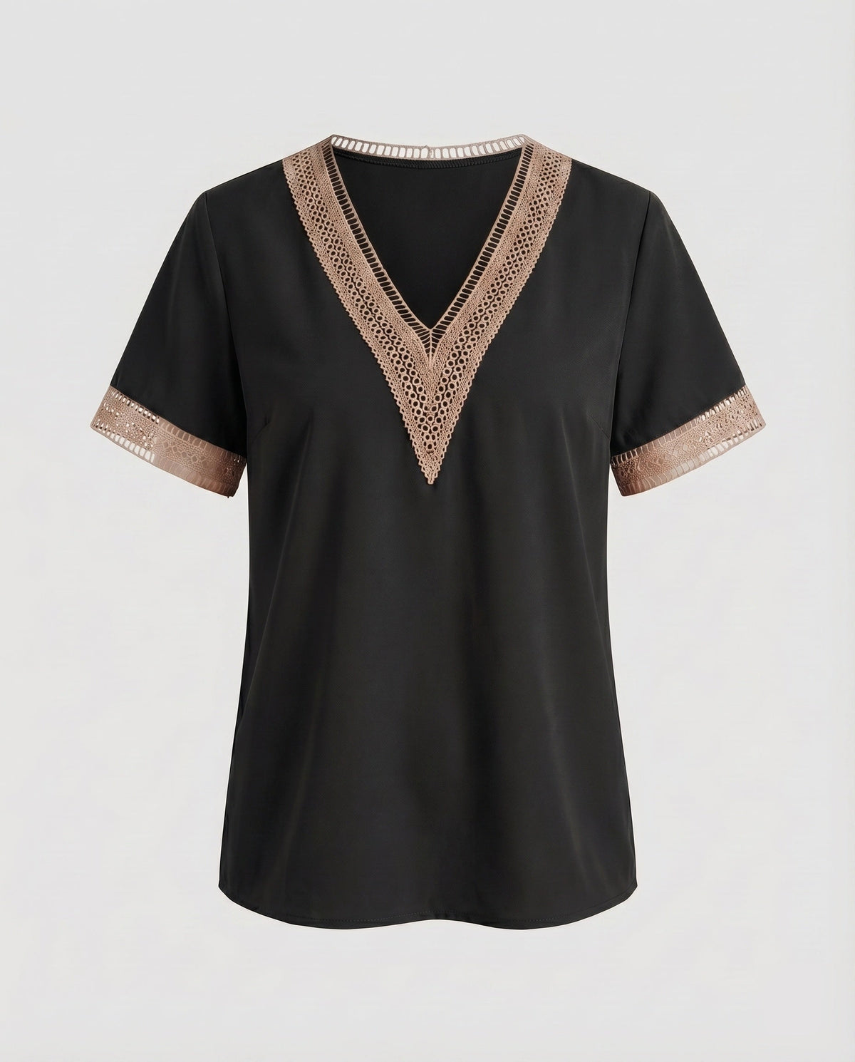Women's V-Neck Blouse Shirt Ajour Lace Trim Casual - product shot
