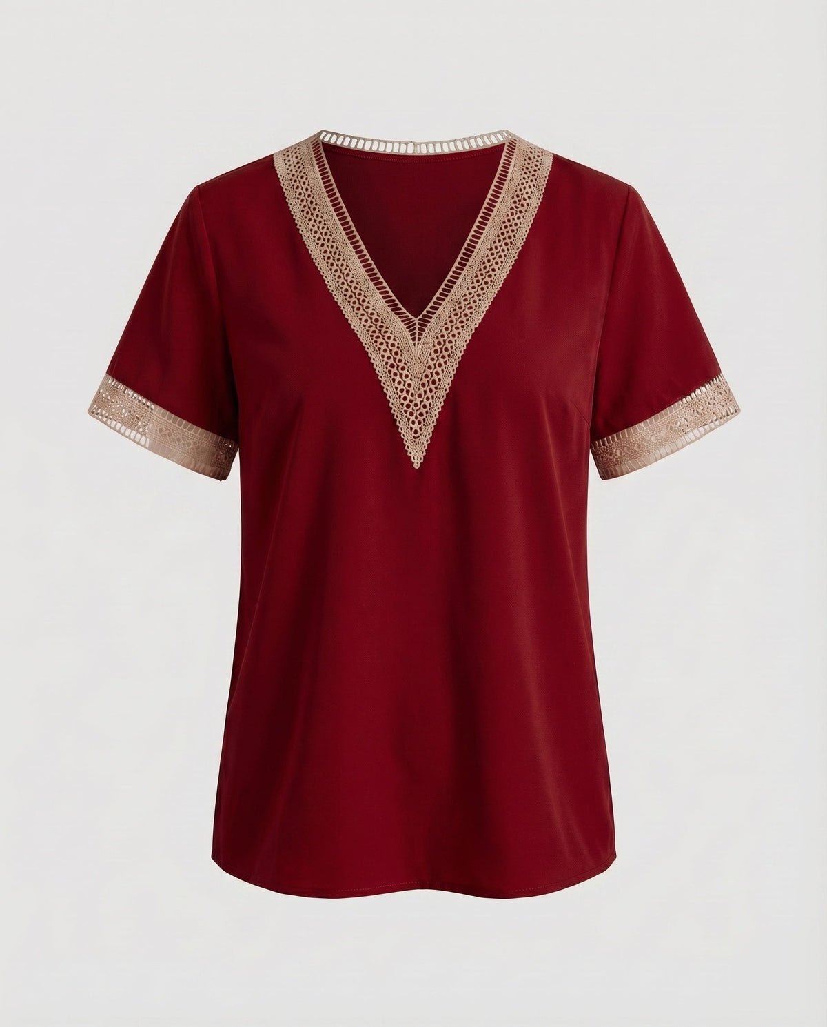 Women's V-Neck Blouse Shirt Ajour Lace Trim Casual - product shot