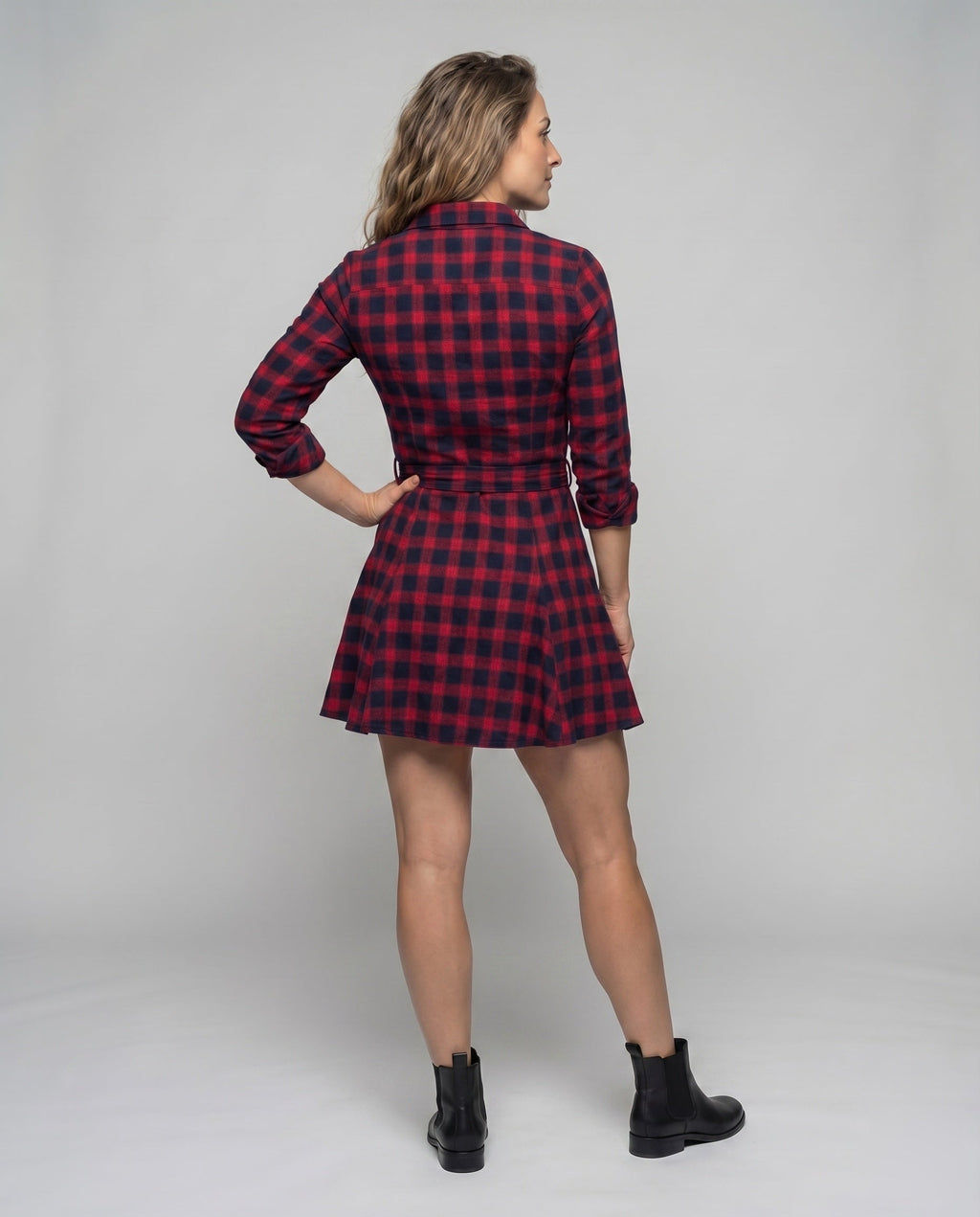 Women's Checkered Blouse Dress Tie Belt Button Placket Swing Skirt - back view