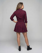 Women's Checkered Blouse Dress Tie Belt Button Placket Swing Skirt - back view