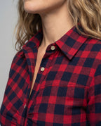 Women's Checkered Blouse Dress Tie Belt Button Placket Swing Skirt - detail close-up