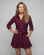 Women's Checkered Blouse Dress Tie Belt Button Placket Swing Skirt - upper body view