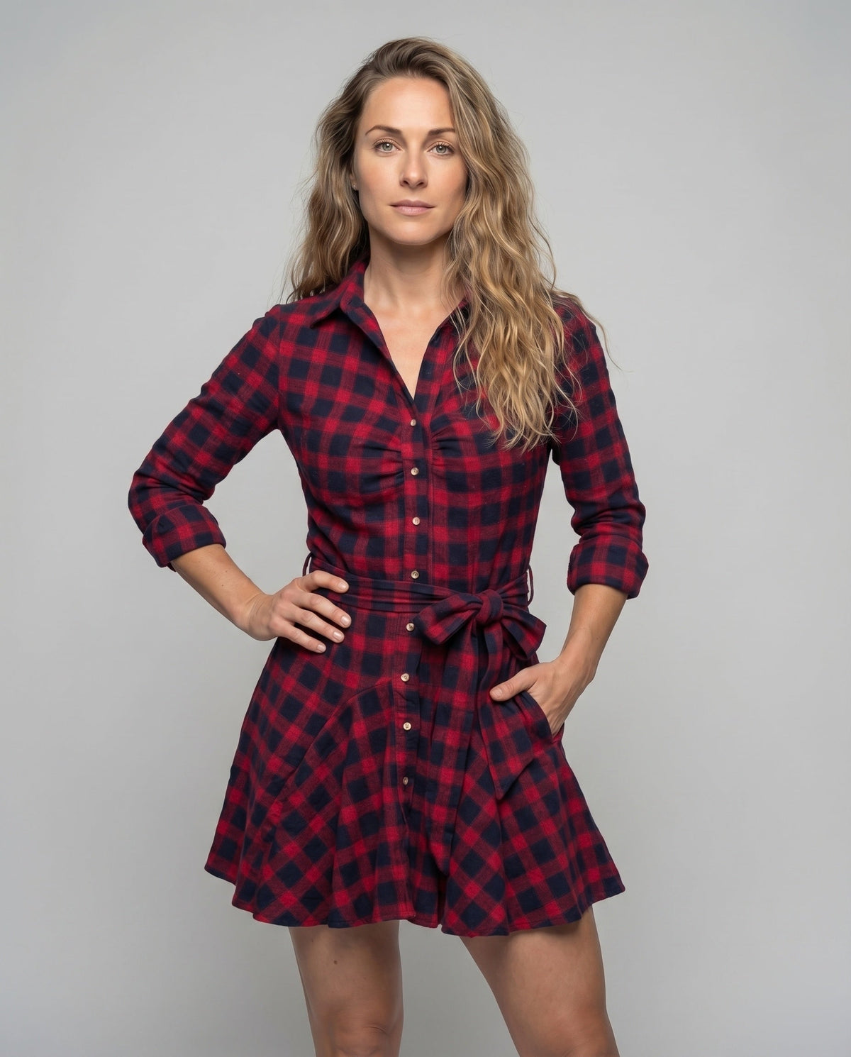 Women's Checkered Blouse Dress Tie Belt Button Placket Swing Skirt - upper body view