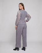 Women's Blouse and Midi Skirt Set Ornament Knot Puff Sleeve - back view