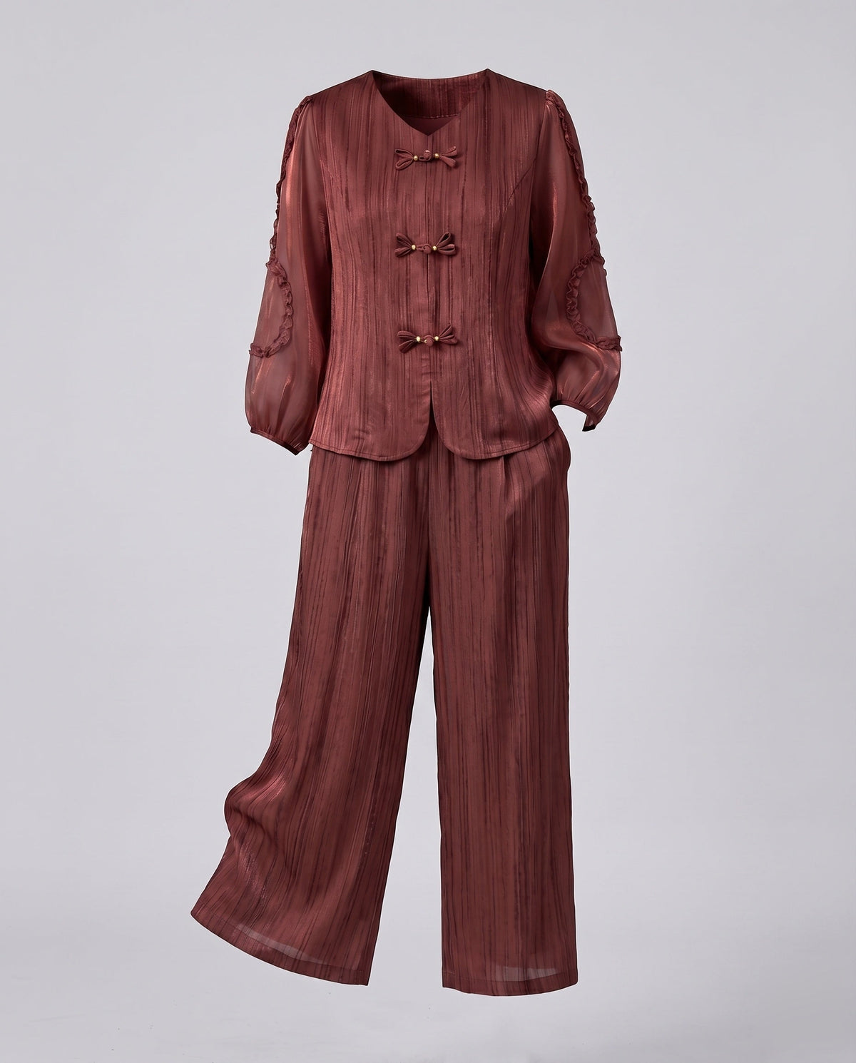 Women's Blouse and Midi Skirt Set Ornament Knot Puff Sleeve - product shot