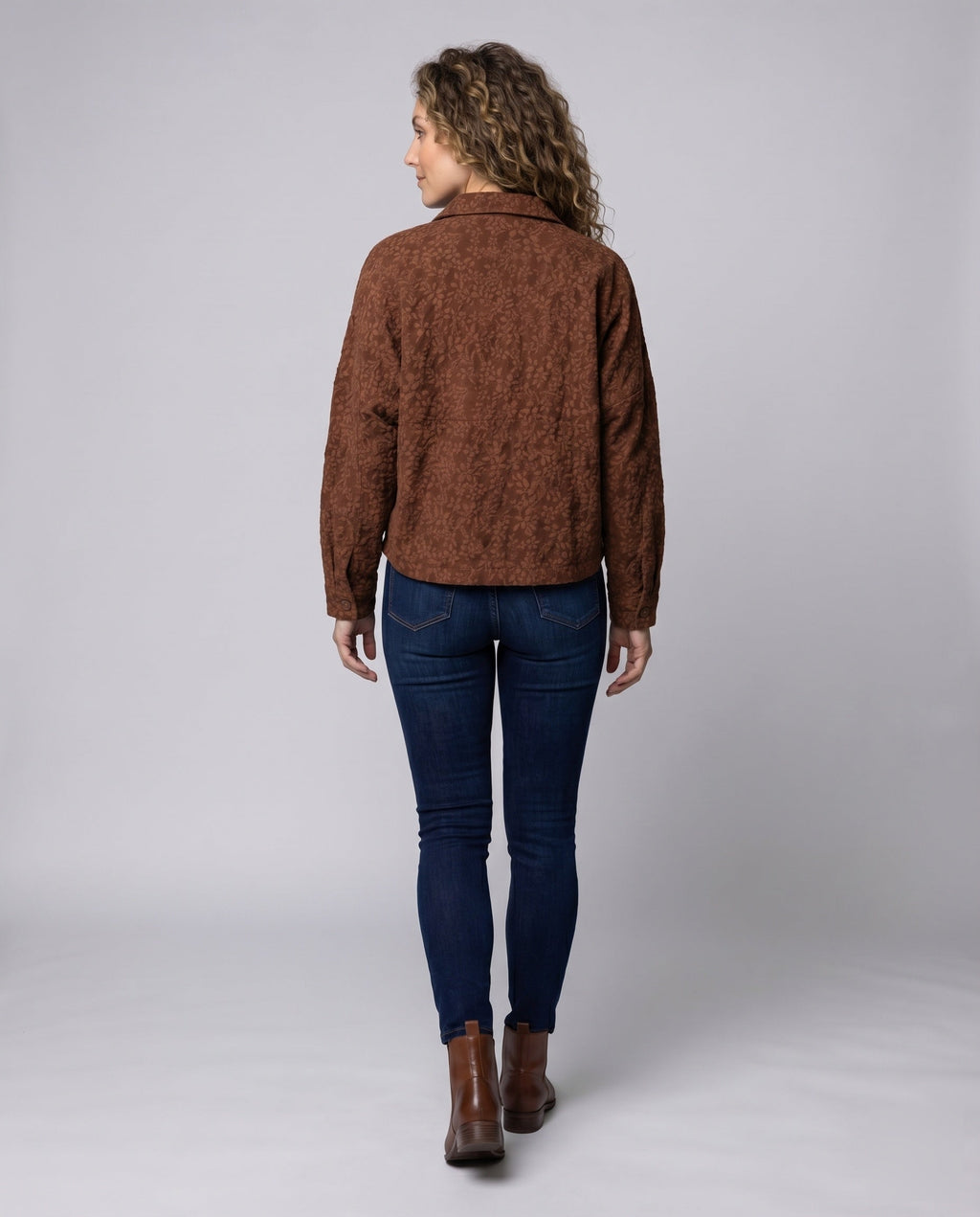Women Quilted Short Jacket Floral Jacquard Blouse Style - back view