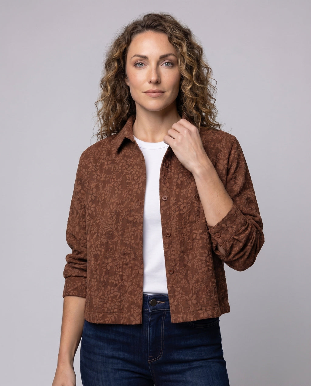 Women Quilted Short Jacket Floral Jacquard Blouse Style - upper body view