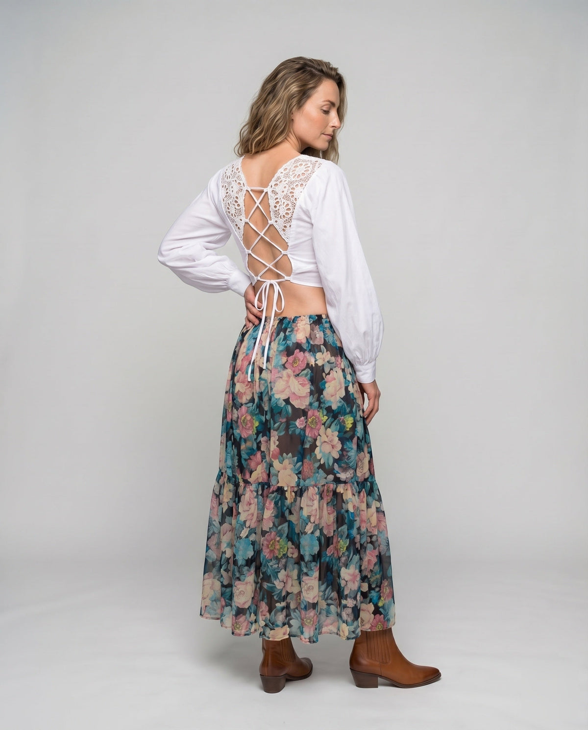 Women's Lace Blouse Top Lacing Detail Balloon Sleeves Backless - back view