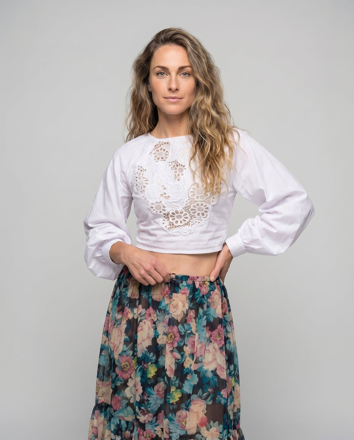 Women's Lace Blouse Top Lacing Detail Balloon Sleeves Backless - upper body view