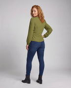 Women's elegant blouse shirt with modern wrap design and fine button details - back view
